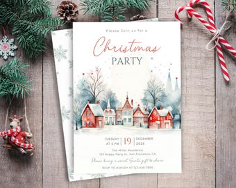 May include: A white Christmas party invitation card featuring a watercolor illustration of a snowy village with red houses and bare trees. The text reads: Please Join us for a Christmas PARTY, TUESDAY 19 DECEMBER AT 5 PM 2026, The Miller Residence.