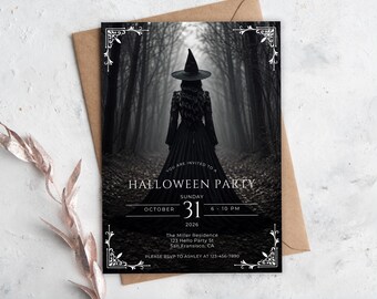 Invitación para fiesta de Halloween para adultos, disfraces y cócteles, Bruja Negra, plantilla editable de Canva.