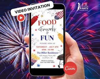 4. Juli VIDEO Einladung, Essen Feuerwerk Spaß Grill animierte einladen, Kochen Evite, bearbeitbare Canva