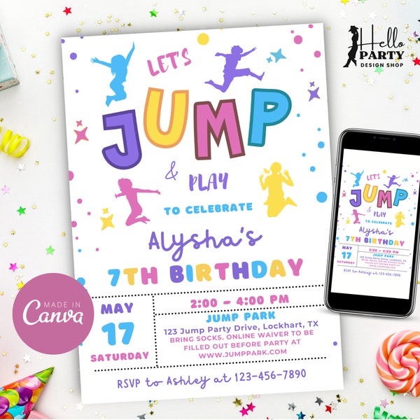 Editable Jump Birthday Party Invitation - Trampoline Party Colorful Invite Bounce House Let's Jump Girl Canva Template Digital Download KJ