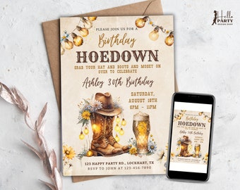 Invitación Hoedown, invitación a botas y cerveza, invitación a fiesta de cumpleaños de vaquera, cumpleaños occidental, invitación digital Canva plantilla editable CG41