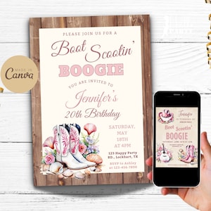 Invito di compleanno Coastal Boot Scootin Boogie - Modello per festa estiva rosa 20° - Invito western con stivali da cowgirl floreali Country Wooden CP23