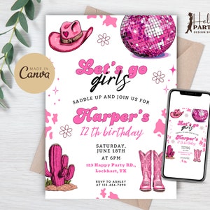 Modello di invito per festa di compleanno per ragazze retrò Let's Go - Hot Pink Disco Cowgirl Party Rodeo Western Digital Invito Country Lady Boots CP5