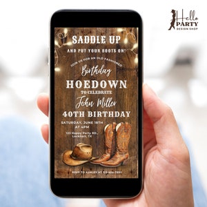 Invito di compleanno Western Hoedown modificabile, invito elettronico Western, invito digitale Cowboy, invito telefonico Country, modello Canva CB1