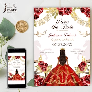Red Charra Gold Mis Quince Años Save The Date - Quinceañera Princess Crown, 15th Birthday Western Editable Party Invitation Template QR11