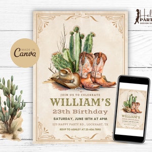 Invito per festa di compleanno western modificabile - Invito digitale da cowboy con cornice rustica vintage, stivali e cactus, modello stampabile Canva CB