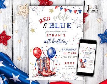 Red White and Blue, Editable Cowboy 4th of July Birthday Invitation, Firecracker Western Party, Canva