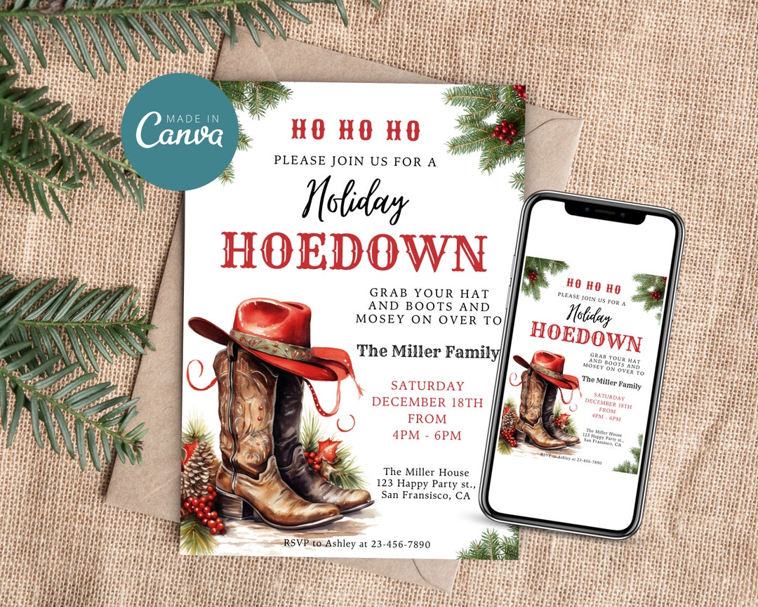 Editable Western Hoedown Christmas Party Invitation Cowboy Etsy