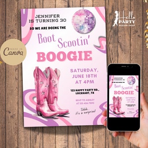 Invito di compleanno Boot Scootin Boogie - Modello Groovy 30th Party - Pink Disco Cowgirl Western Retro Digital Invite Country Lady Boots CP19