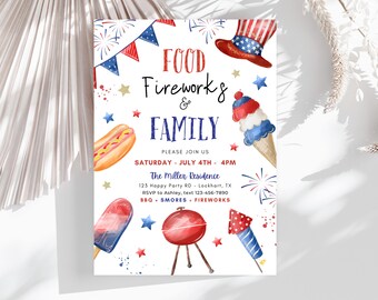 Bearbeitbar 4. Juli Einladung, Food Fireworks Familientreffen, Unabhängigkeitstag Grillparty