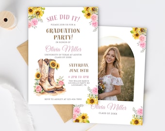 Florale Cowgirl-Abschluss-Ankündigungskarte, Sonnenblumen-Rosen Western-Abschlussfeier-Einladung, Canva Editable