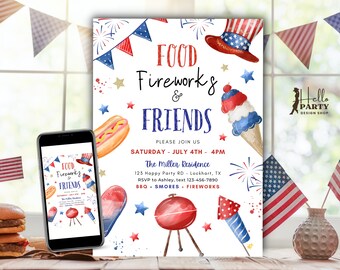 4. Juli Essen Feuerwerk und Freunde Einladung, Inbezug auf die Barbeque Party am Unabhängigkeitstag, bearbeitbare Canva