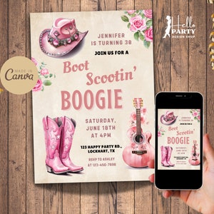 Invito di compleanno Boot Scootin Boogie - Modello per festa del 30° anniversario con chitarra - Invito retrò western con fiori rosa, stivali da donna country, cappello CP20