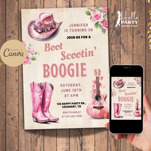 Boot Scootin Boogie Birthday Invitation -Guitar 30th Party Template -Pink Floral Cowgirl Western Retro Invite Country Lady Boots Hat CP20