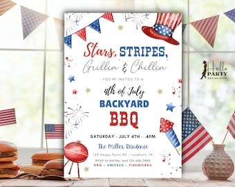 Bearbeitbar 4. Juli BBQ-Einladung, Stars Stripes Grillin Chillin, Inbezug auf den Unabhängigkeitstag, Hinterhoffeuerwerk