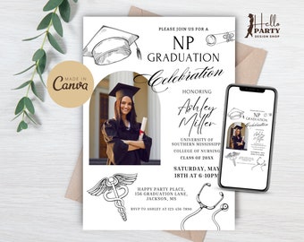 Editable Nursing Graduation Party Photo Invitation - Nurse Practitioner Digital Invite College Grad Minimalist Printable Template NP GPG24