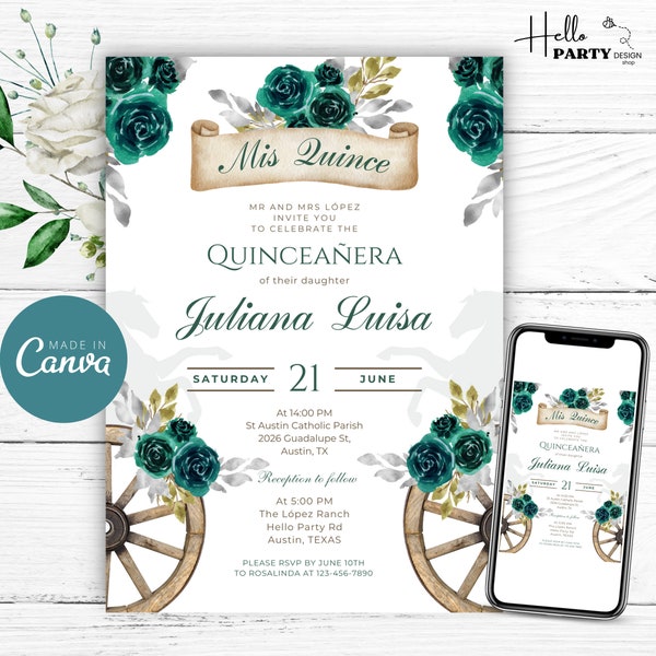 Charra Quinceañera Invitation Emerald Green and Silver, 15th Birthday Western Editable Vintage Party Charro Invite Template, Mis Quince años