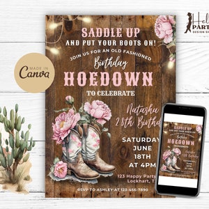 Invito per festa di compleanno modificabile Cowgirl Hoedown - Peonie Rose Wild West Digital Country Floral Lady Boots Stampabile Canva Invite CP
