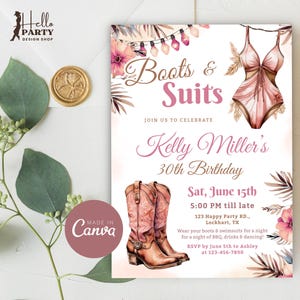 Invito con stivali e abiti, invito per festa in piscina in stile western, invito per festa di compleanno in stile boho, invito per cowgirl, invito per festa country chic estiva in rosa CP26
