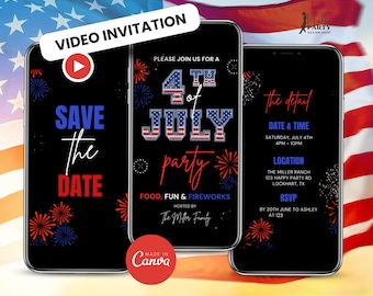 Sparen Sie das Datum 4. Juli VIDEO Einladung, Food Feuerwerk Spaß animierte Evite, bearbeitbare Canva