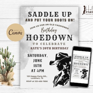 Modello di invito modificabile con silhouette di cowgirl - Festa di compleanno western in bianco e nero - Invito stampabile rustico in stile country - CP