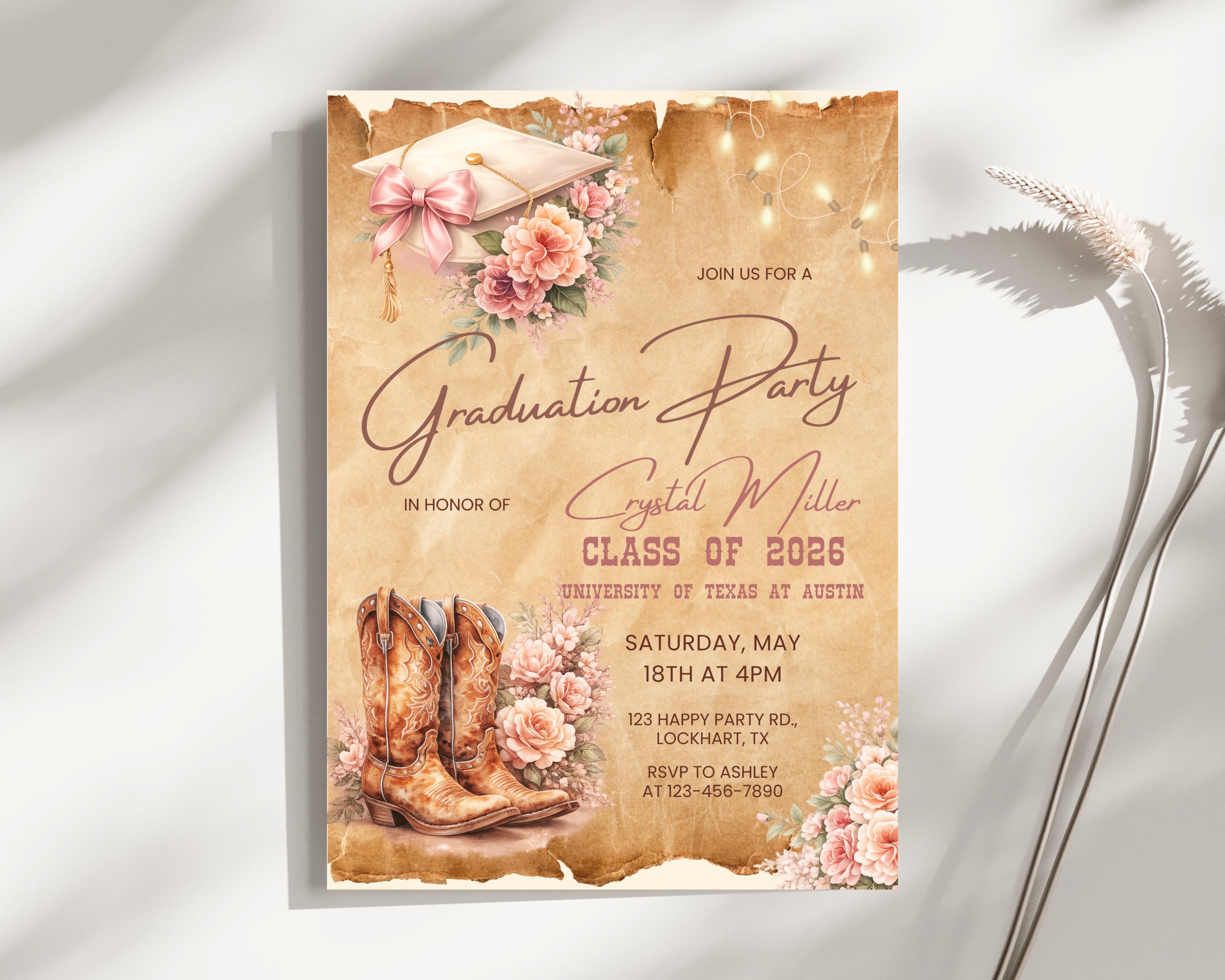 Editable Floral Western Graduation Announcement Photo Card, Coquette ...