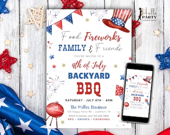 Bearbeitbar 4. Juli Einladung, Food Fireworks Familie Freunde BBQ, Inbezug auf den Unabhängigkeitstag Invite FJ7