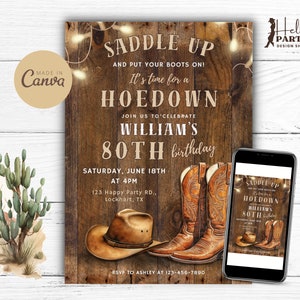Invito per festa di compleanno 80° compleanno Western Hoedown modificabile - Invito digitale da cowboy Rustic Country Boots Hat Wood - Modello Canva stampabile CB