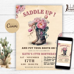 Invito per festa di compleanno con stivali di peonie modificabili - Invito Boho Western Rustico Country Floreale Rose rosa Cowgirl Hoedown Modello Canva CP