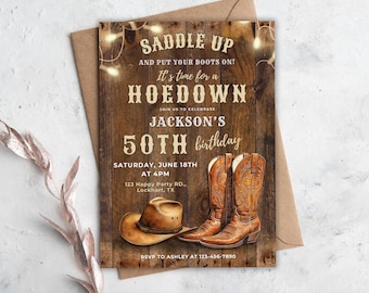 Western Hoedown 50th Birthday Invitation, Rustic Cowboy Boots, Printable Canva Template, CB01