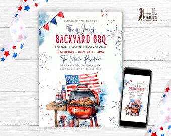 Grill and Chill 4. Juli BBQ-Einladung, Grillparty-Feuerwerk Amerikanische Flagge, bearbeitbare Leinwand