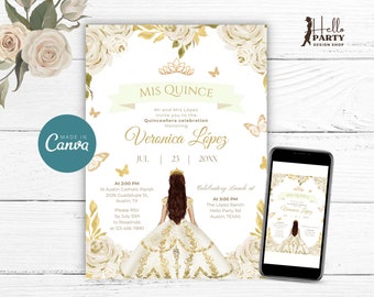May include: A Quinceañera invitation with a gold and white floral design. The invitation features a portrait of a young woman in a white gown with a gold crown. The text on the invitation reads "Mis Quince" and "Veronica Lopez".