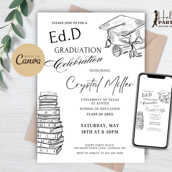 Minimalist Ed.D Graduation Party Invitation - Education Doctorate Digital Invite -Editable Black Cap -Senior Announcement Printable GPG19