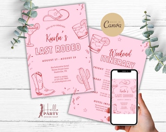 Cowgirl Bachelorette Party Invitation -Nashville Itinerary Template - Pink Let's go girls Cocktail Weekend Hen Invite Last Rodeo Country LR5