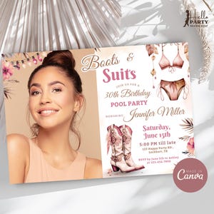 Invito con foto per stivali e abiti, invito per festa in piscina in stile western, festa in stile cowgirl, invito per compleanno in stile boho estivo, biglietto con paesaggio Canva CP27