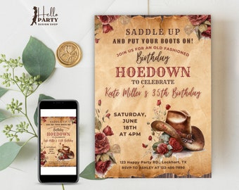 May include: A rustic birthday invitation with a cowboy hat and roses. The text reads "Saddle Up and Put Your Boots On!" for Kate Miller's 35th birthday, June 18th at 4 PM. A phone displays the invitation.