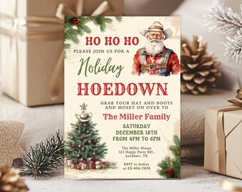 May include: A rectangular invitation card featuring a cowboy Santa illustration, a decorated Christmas tree topped with a cowboy hat, and text reading HO HO HO, Holiday HOEDOWN, The Miller Family, Saturday December 18th, 4PM to 6PM, and RSVP details.