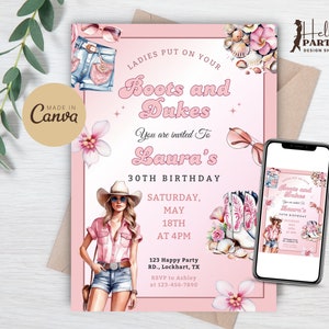 Modello di invito per una festa di compleanno di cowgirl costiera - Stivali rosa e duchi - Invito Canva digitale modificabile occidentale - Country Lady Floral CP13