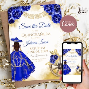 Reserve a data para Quinceanera em azul royal e dourado, reserve a data para Quinceanera em azul, festa de 15 anos no estilo Western, Miss Quince Canva QB13b