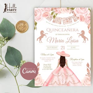 Rose Gold Charra Quinceañera Invitation Pink Western 15th Birthday Editable Party Invite Template Mis Quince Horse Digital Download QPP8b