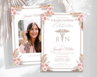 Boho Floral RN Nursing Abschlussfeier Fotoeinladung, Registered Nurse Grad, bearbeitbare Canvas