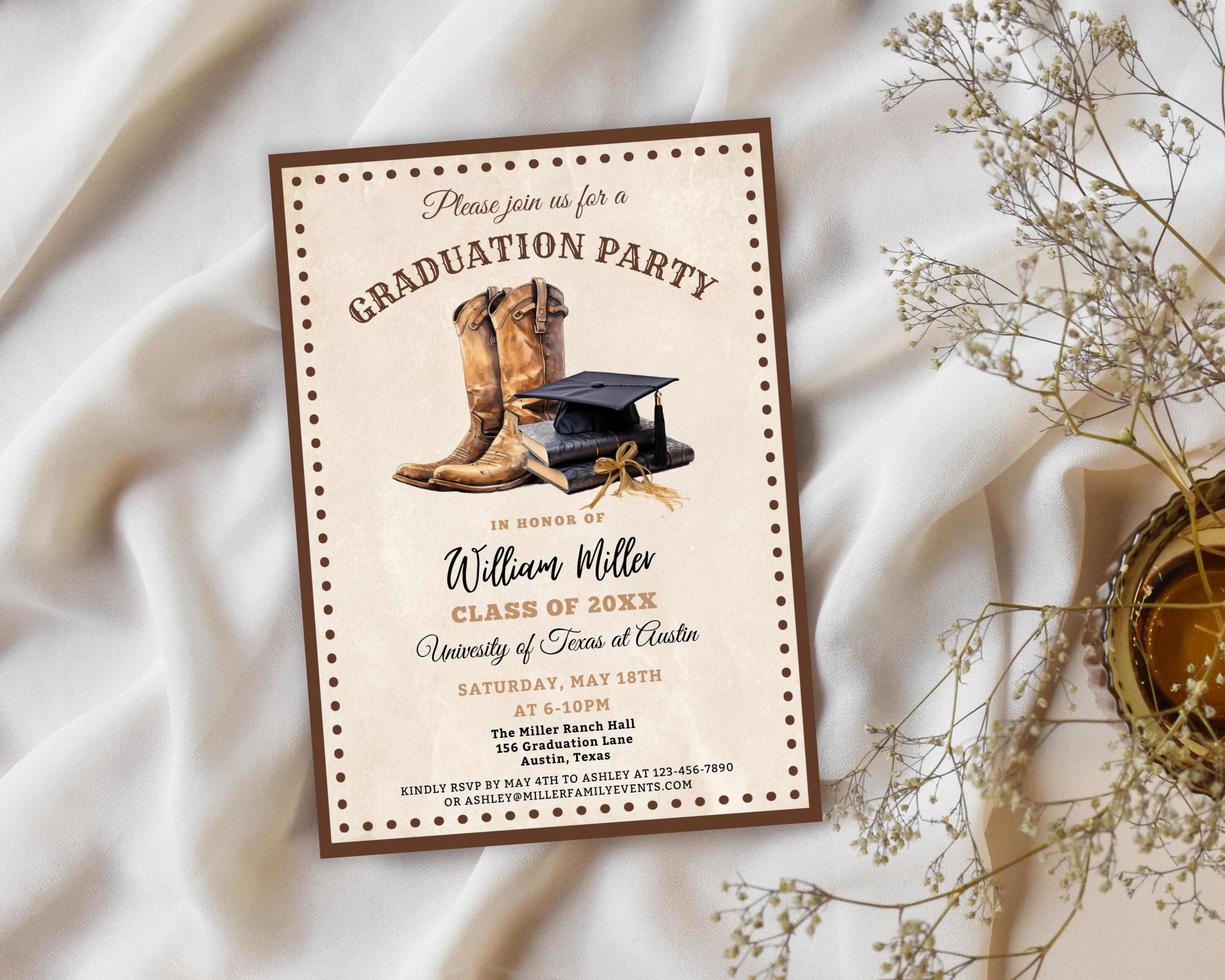 Western Graduation Party Invitation, Cowboy Boots, Country College Grad ...