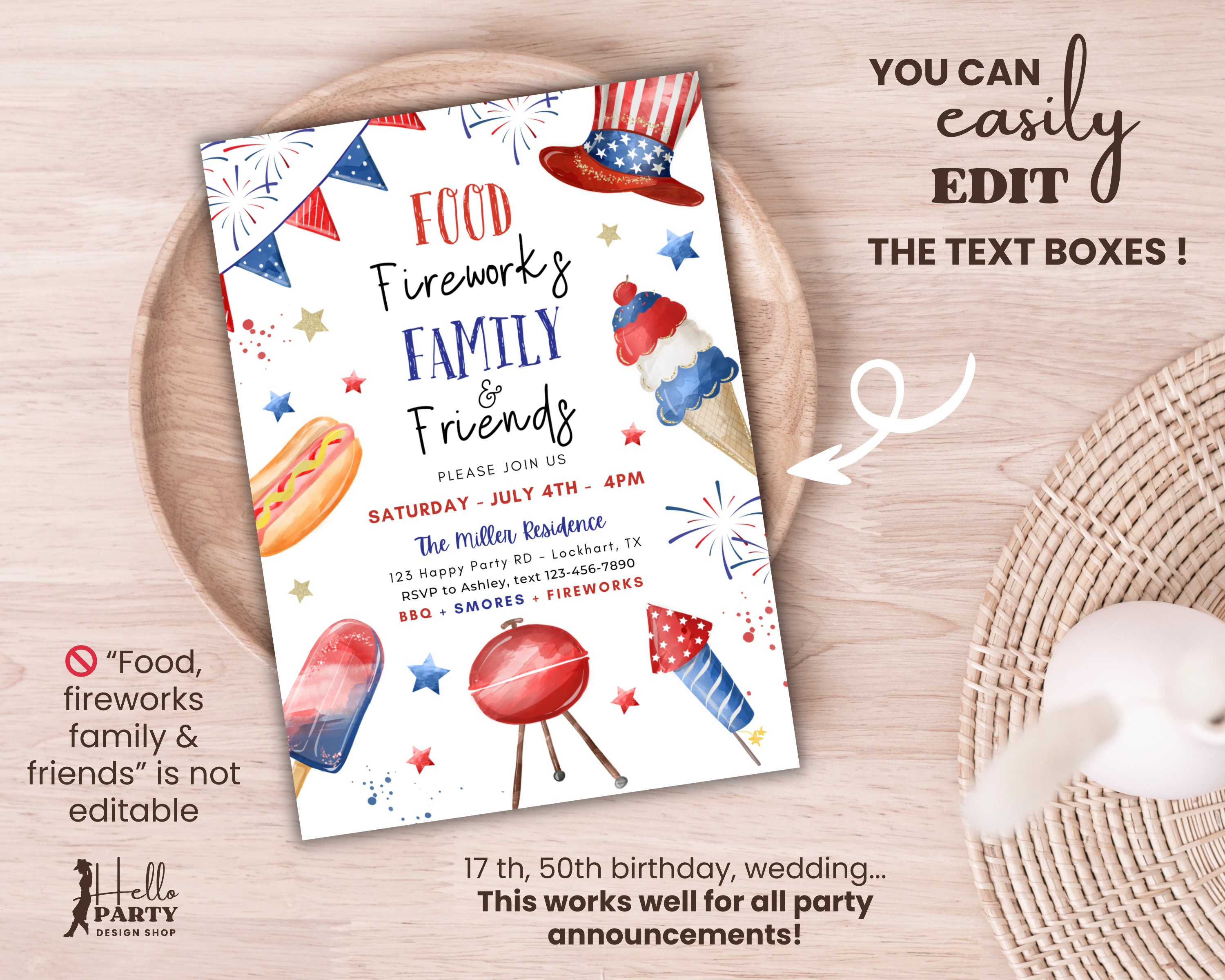 Editable 4th of July Cookout Invitation Food Fireworks Family Friends ...