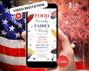 4. Juli VIDEO Einladung, Food Feuerwerk Familie Freunde Animierte Mobile Invite, bearbeitbare Canva