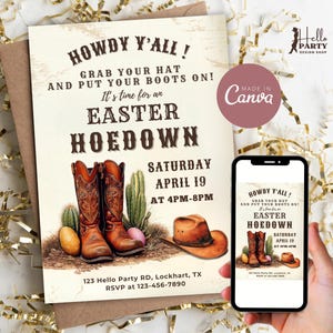 Afdrukbare Pasen-hoedown-uitnodiging, Pasen-cowboyfeestuitnodiging, Western Easter Egg Hunt digitale uitnodiging, Pasen-lijndanskaart Canva EH2