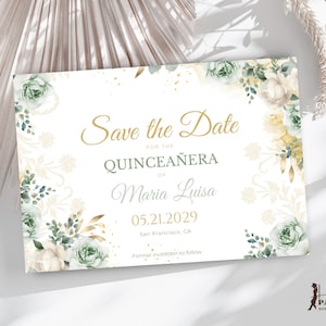 Blasses Salbeigrün-Gold Quinceaňera Save The Date 5 "x 3,5" Card, Ivory Floral Save the Date, elegante 15.Geburtstags-Einladung, Quince QI7