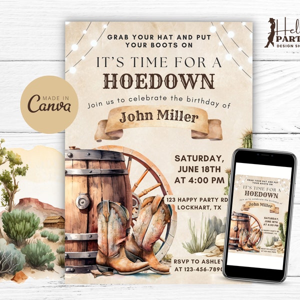 Editable Hoedown Birthday Party Invitation - Cowboy Digital Invite Rustic SouthWestern Country Boots Hat Wood Printable Canva Template HC1