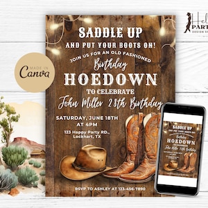 Invito per festa di compleanno Western Hoedown modificabile - Invito digitale da cowboy Stivali e cappello rustici in legno - Modello Canva stampabile CB1