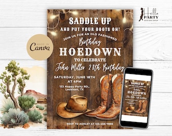 Editable Western Hoedown Birthday Party Invitation - Cowboy Digital Invite Rustic Country Boots and Hat Wood - Printable Canva Template CB1