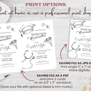 May include: Black and white printable graduation invitation featuring a stethoscope, graduation cap, and a caduceus. The invitation is for Crystal Miller, a graduate of the University of Southern Mississippi College of Nursing, Class of 2023. The invitation states the graduation celebration will be held on Saturday, May 18th at 6-10pm.